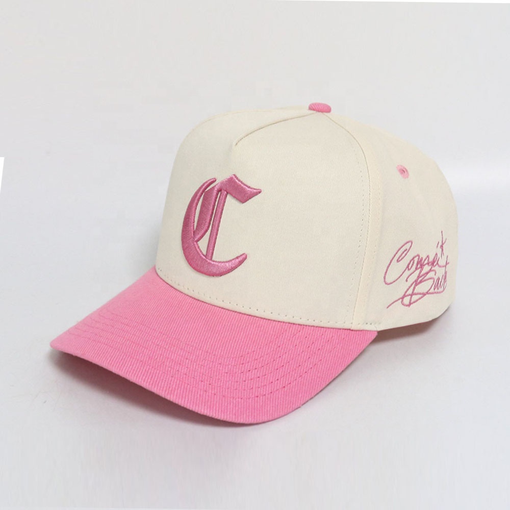 Two-Tone Pink Brim Embroidered Baseball Cap – Cream Crown Streetwear Hat