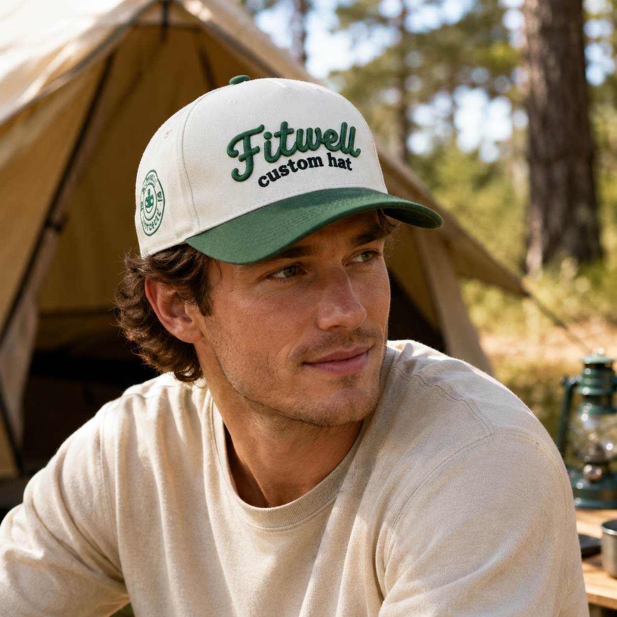 Cream and Forest Green Raised Embroidery Five-Panel Baseball Cap