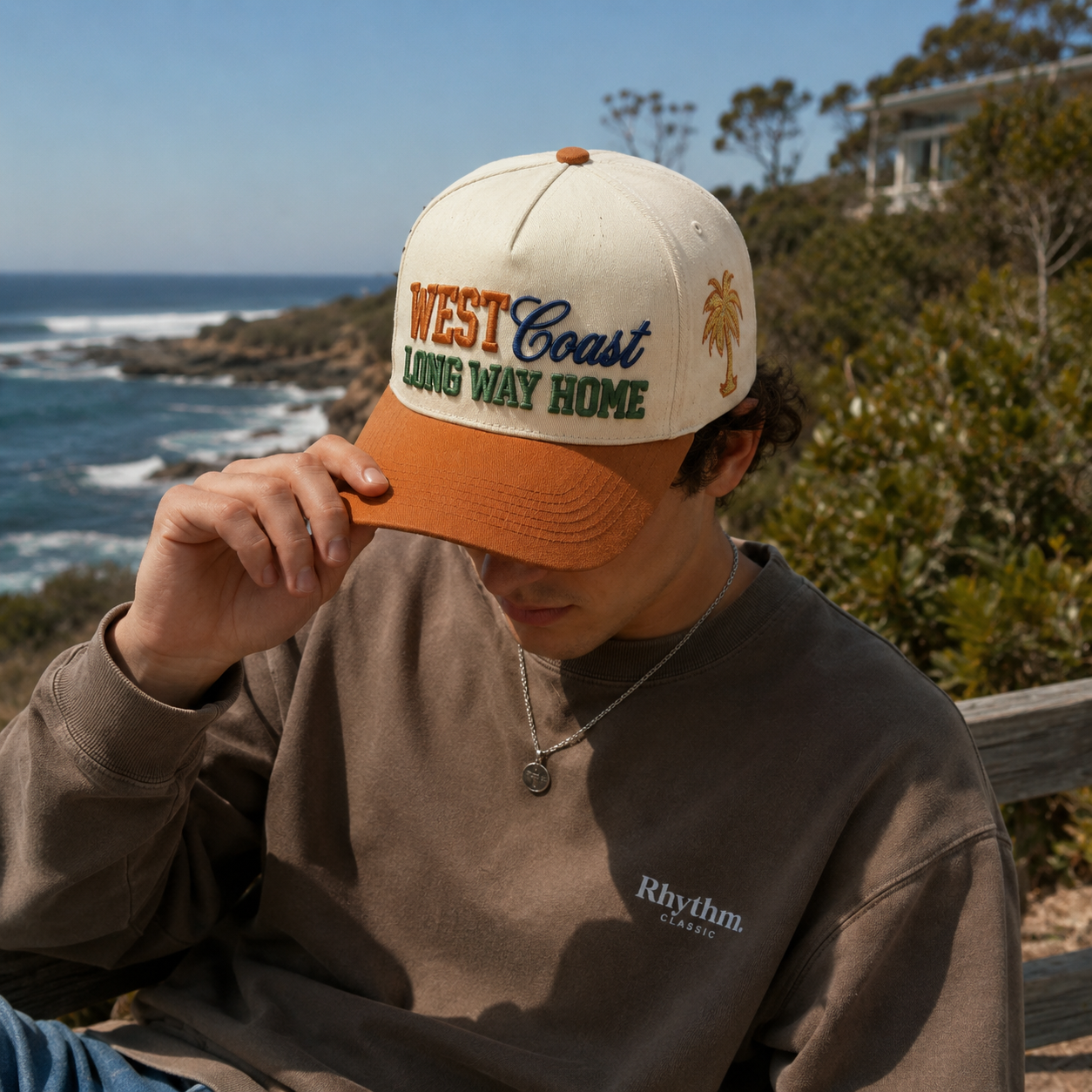 Cream and Rust Five-Panel Twill Cap with Multicolor Puff Slogan Embroidery