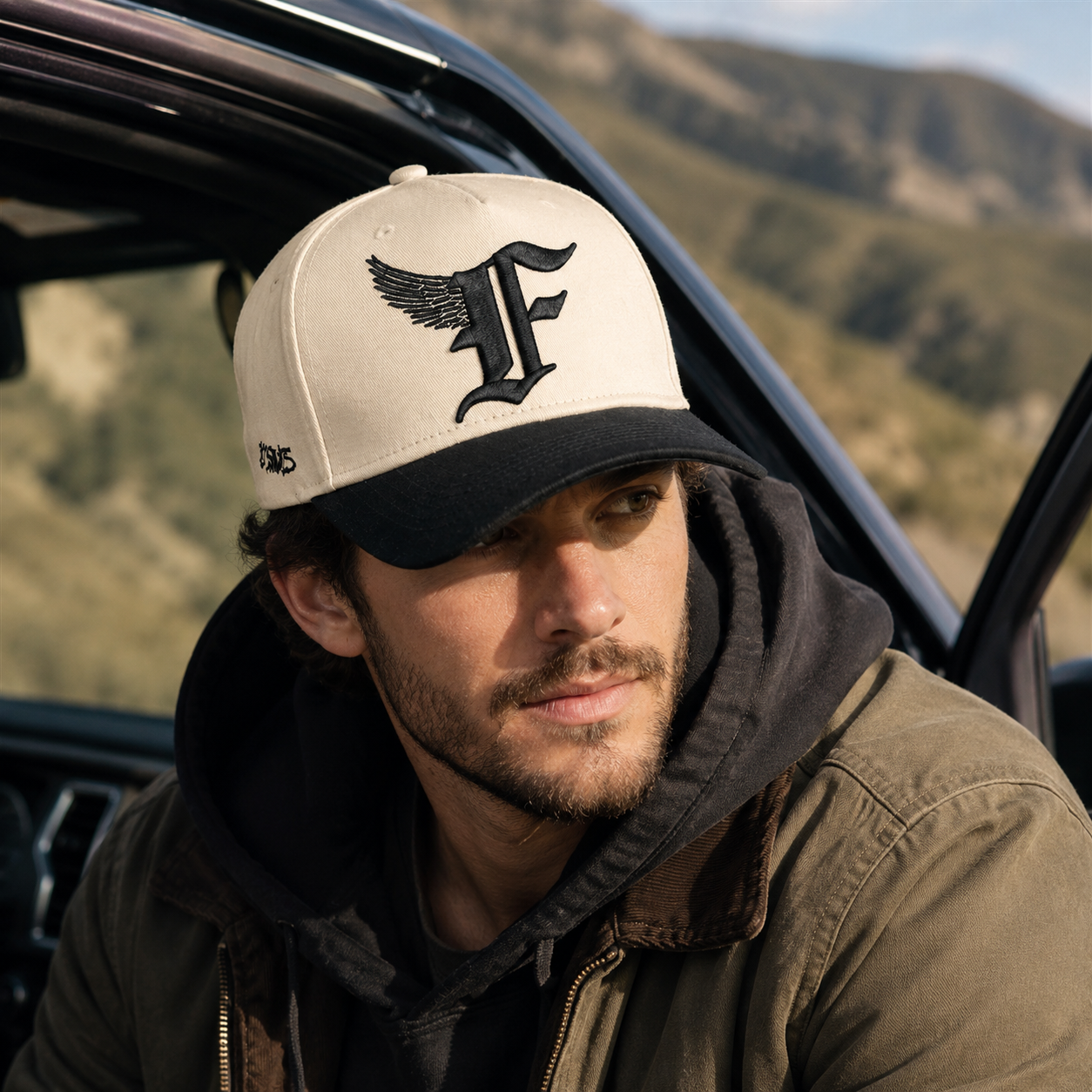 Cream and Black Two-Tone Embroidered Baseball Cap