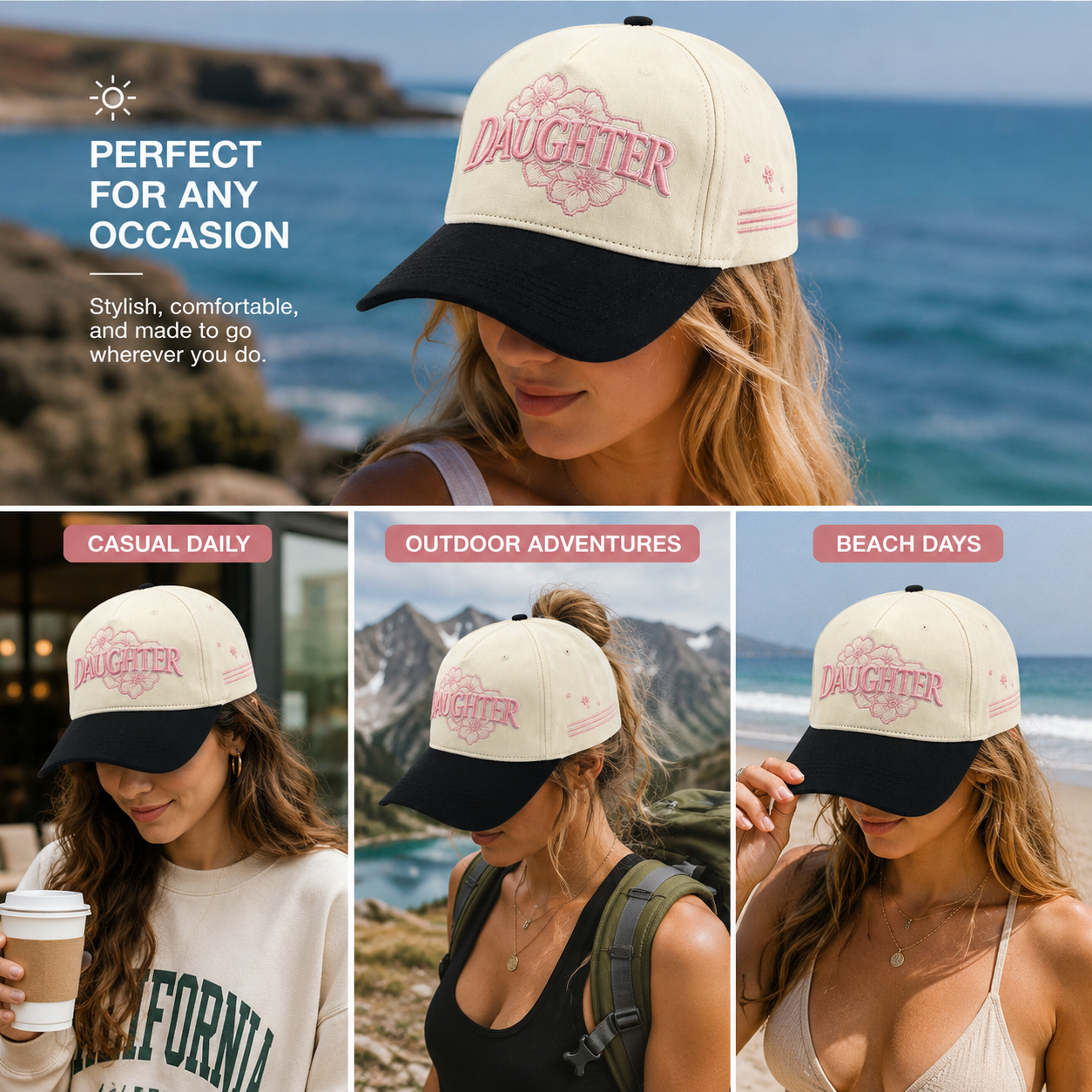 Cream and Black Two-Tone 5-Panel Baseball Cap with Pink Daughter Floral Embroidery