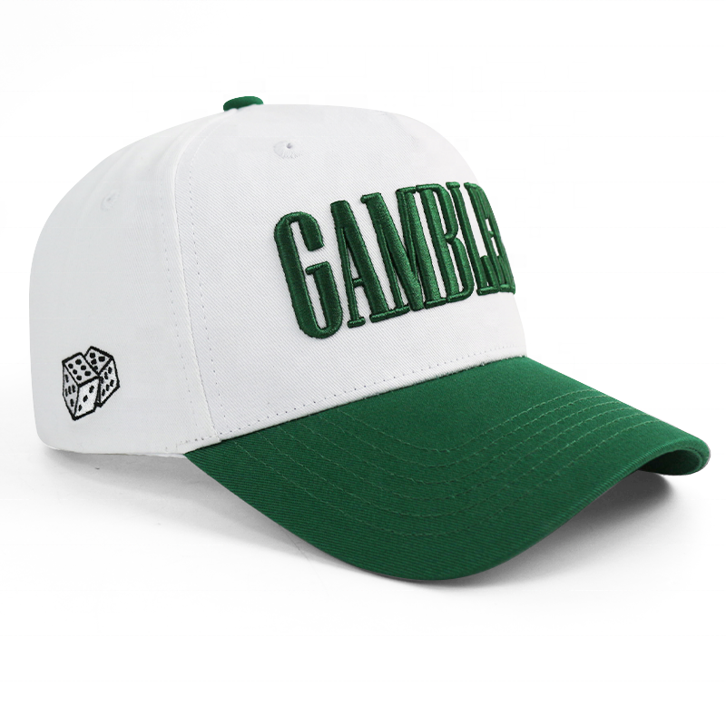 White and Green Two-Tone Baseball Cap with Raised Letter Embroidery