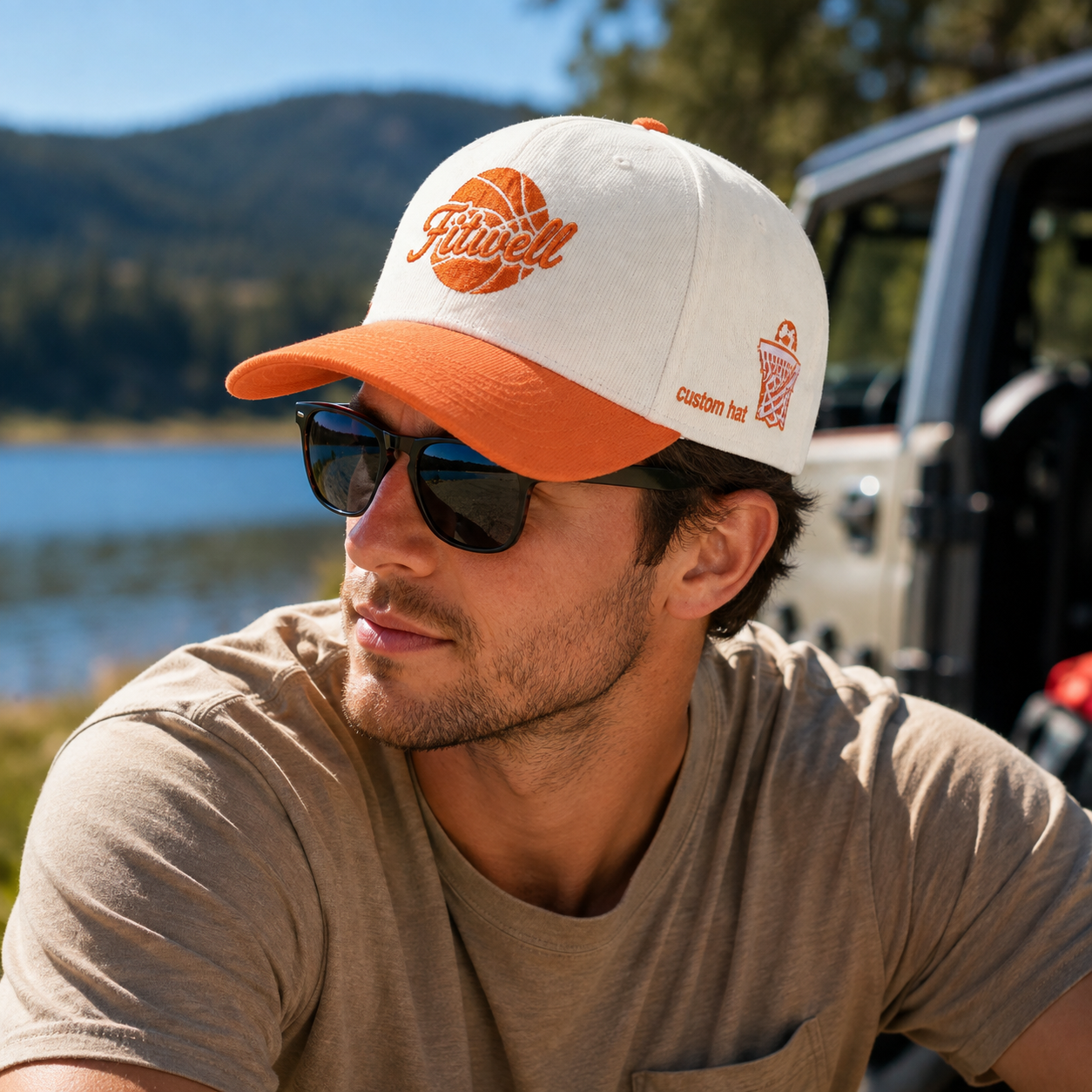 White and Orange Court Classics Basketball Embroidered Cap