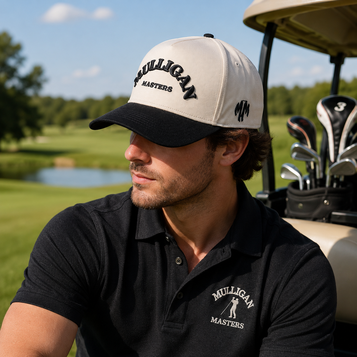 Two Tone Cotton Twill Baseball Cap with 3D Embroidered Mulligan Masters Logo