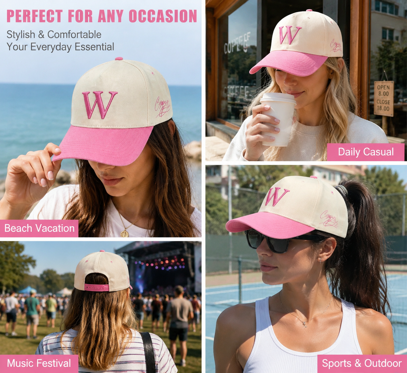 Two-Tone Pink Brim Embroidered Baseball Cap – Cream Crown Streetwear Hat