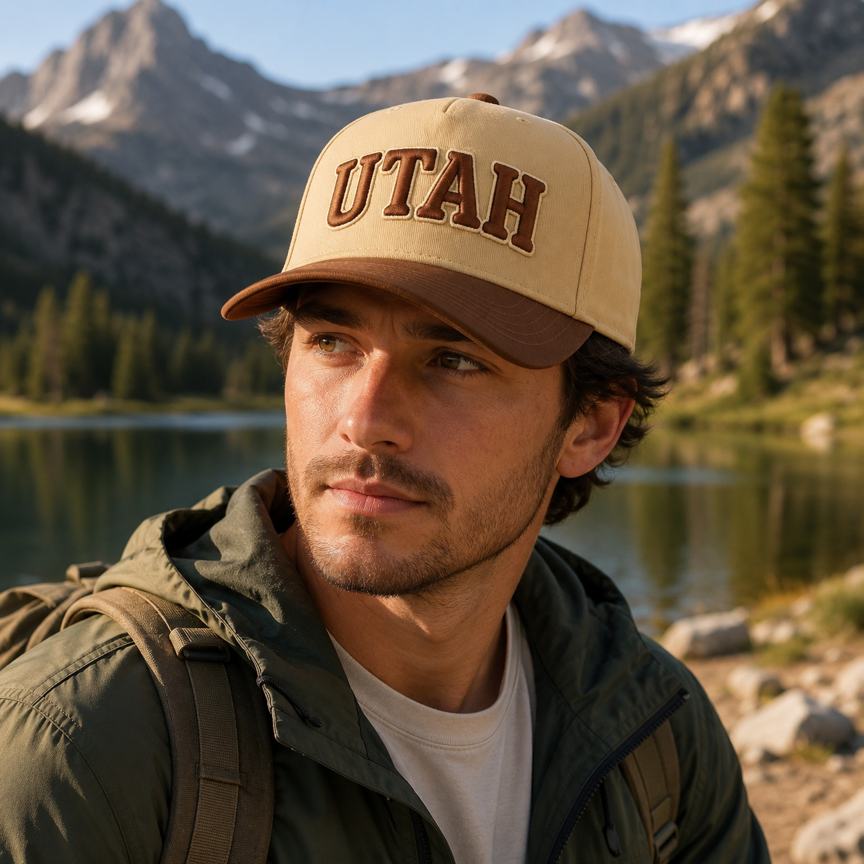 Tan and Brown Utah 3D Embroidered Five-Panel Baseball Cap