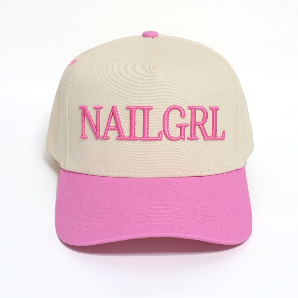Cream and Pink Two Tone Baseball Cap with Raised Embroidered Letter Design