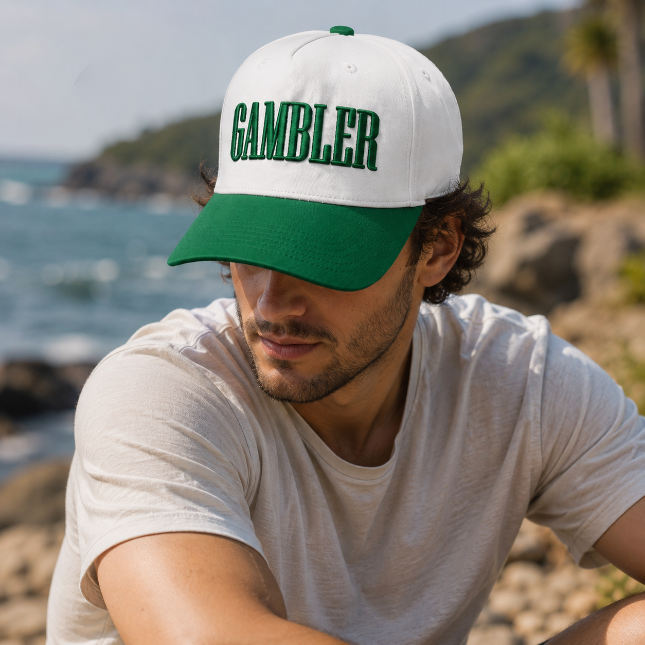 White and Green Two-Tone Baseball Cap with Raised Letter Embroidery