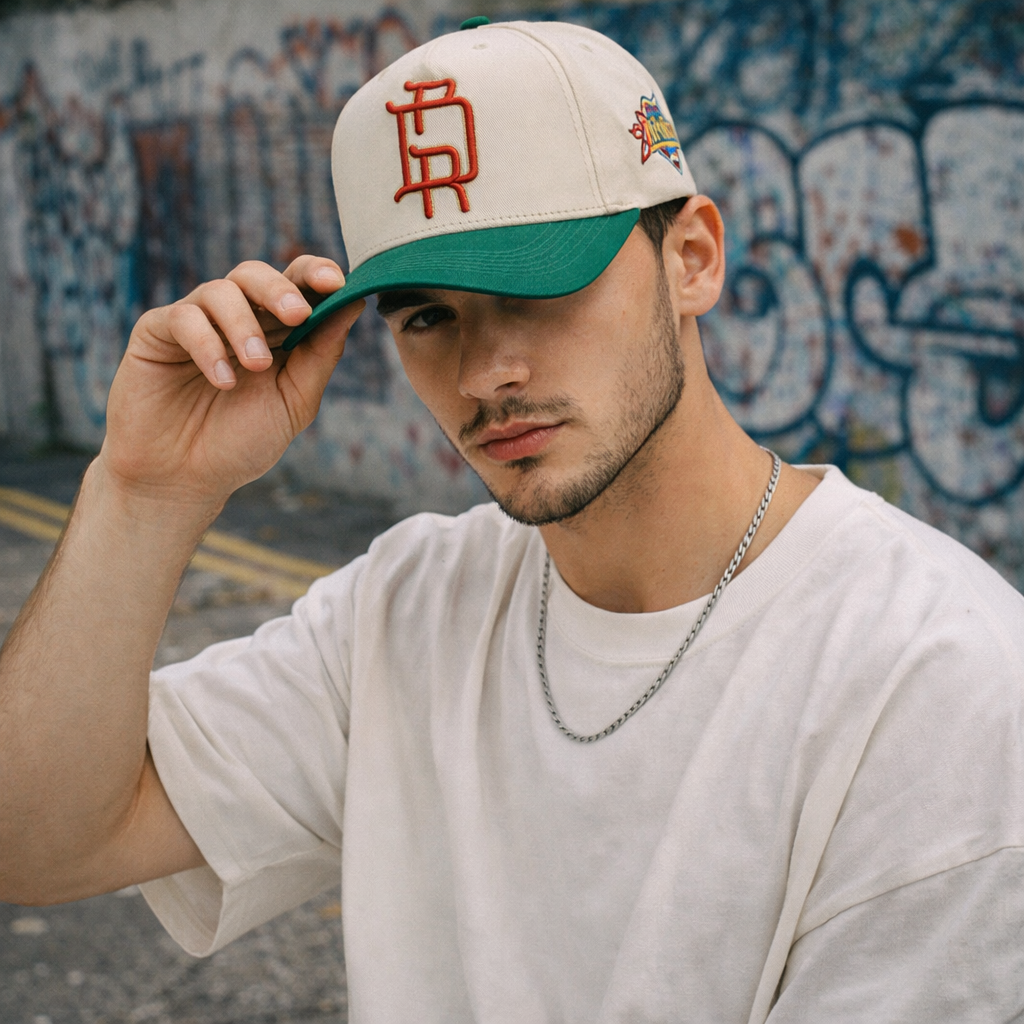 Cream and Green Two Tone Baseball Cap with 3D Embroidered Letter Logo