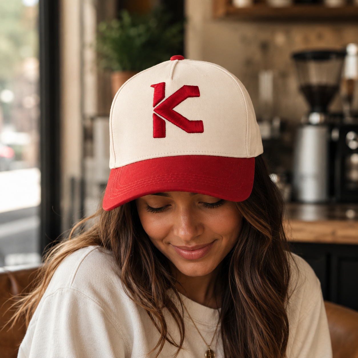 Cream and Red Two-Tone 5-Panel Cotton Twill Baseball Cap with 3D Embroidered Logo