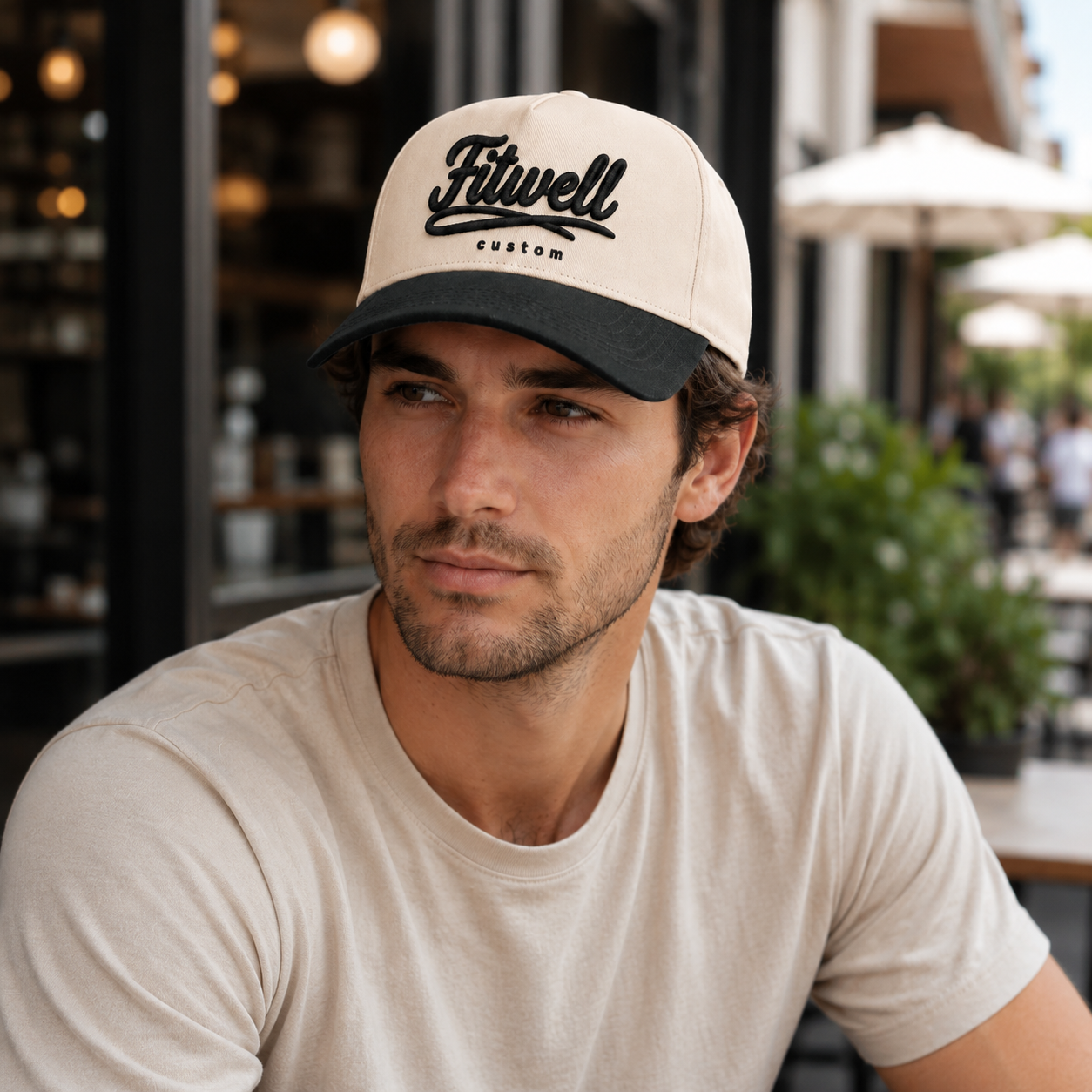 Cream Black Two Tone 3D Script Embroidered Baseball Cap