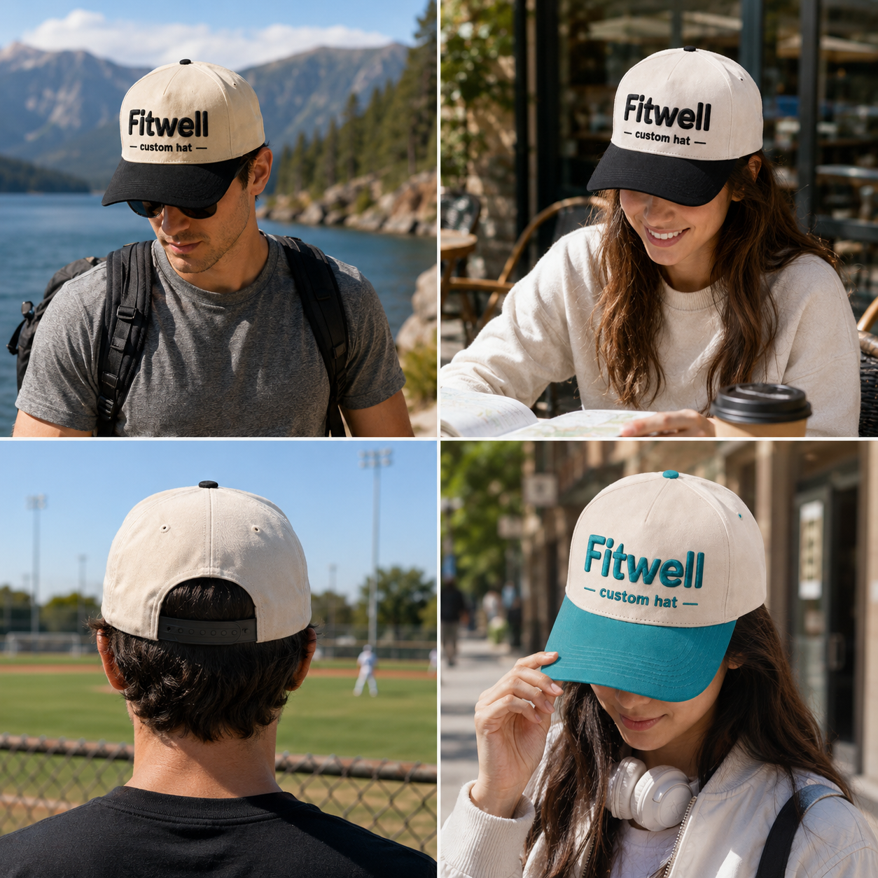 Ivory Two-Tone 5-Panel Baseball Cap with Raised Logo Embroidery