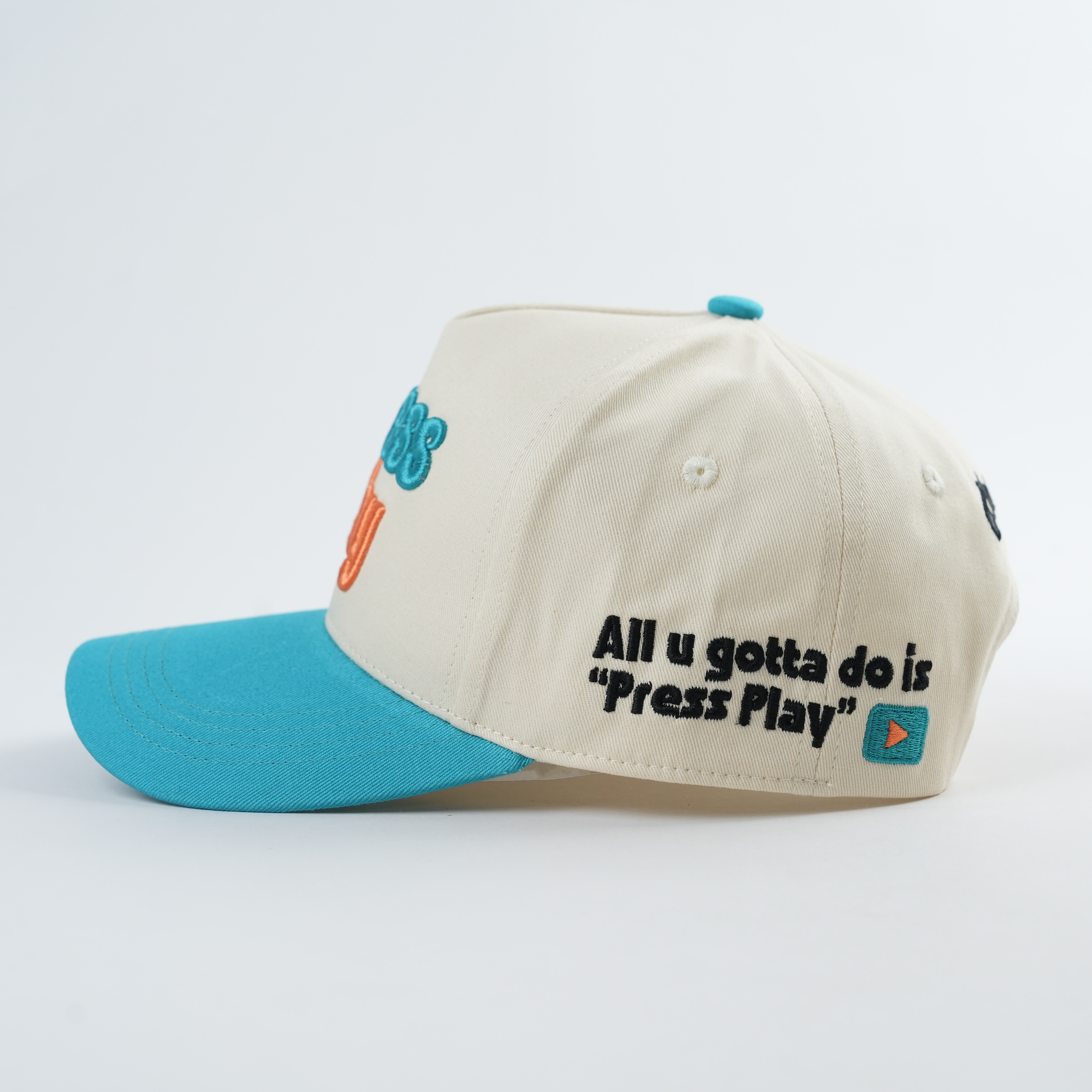 Beige and Turquoise Two-Tone 5-Panel Baseball Caps with Press Play Embroidery