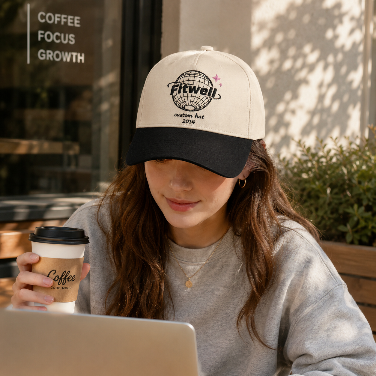 Cream & Black Globe Embroidered Baseball Cap