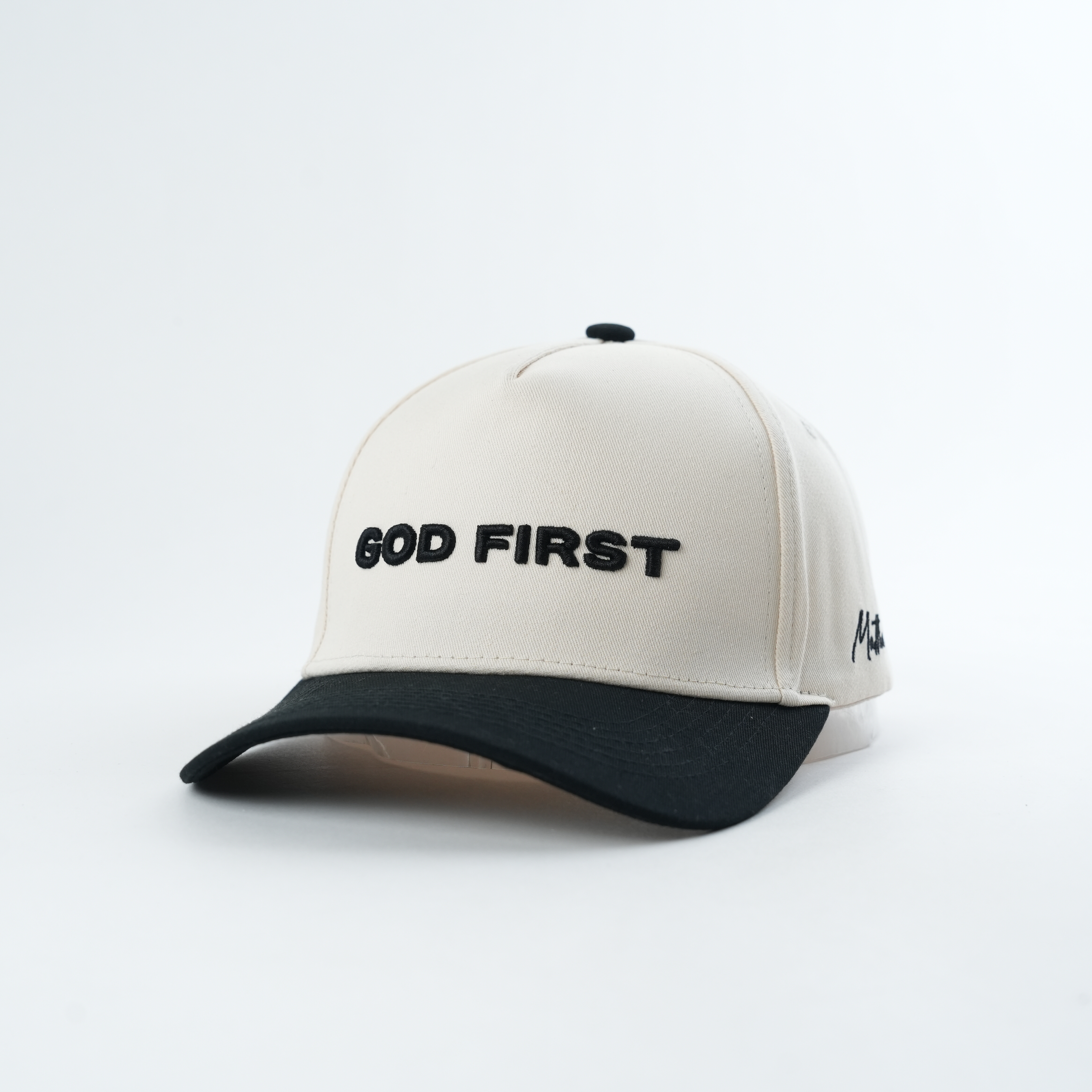 Cream and Black Two-Tone Cap with Raised Slogan Embroidery
