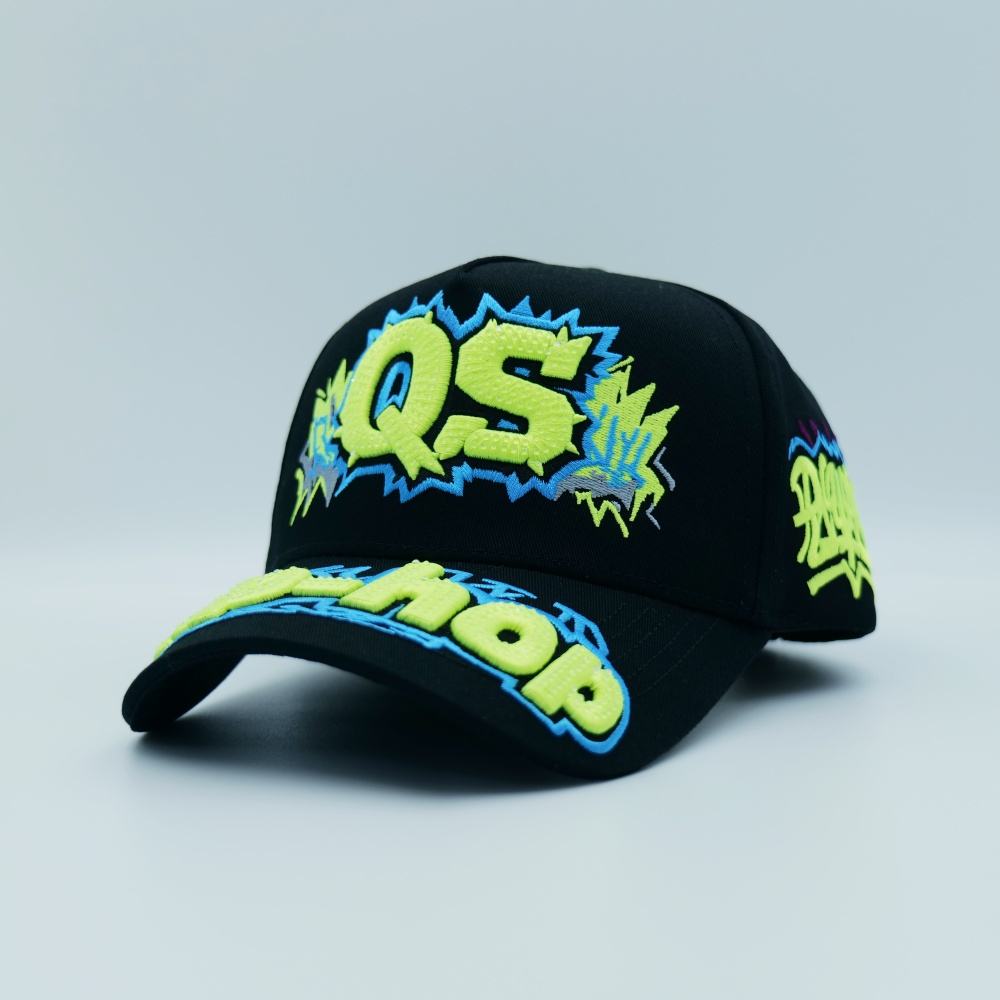 Black Graffiti Five-Panel Cap with Neon Puff Embroidery