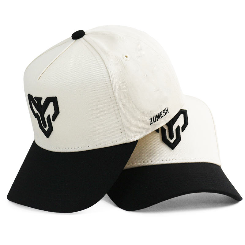 Ivory and Black Cotton Twill Baseball Cap with Raised Front Logo