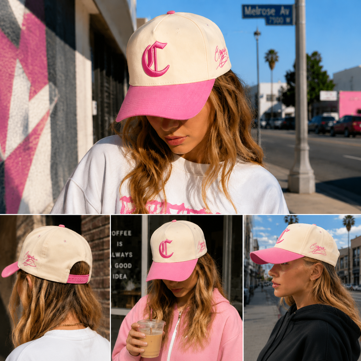 Two-Tone Pink Brim Embroidered Baseball Cap – Cream Crown Streetwear Hat