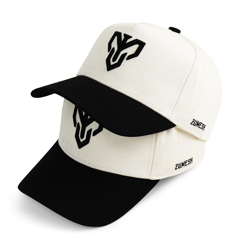Ivory and Black Cotton Twill Baseball Cap with Raised Front Logo