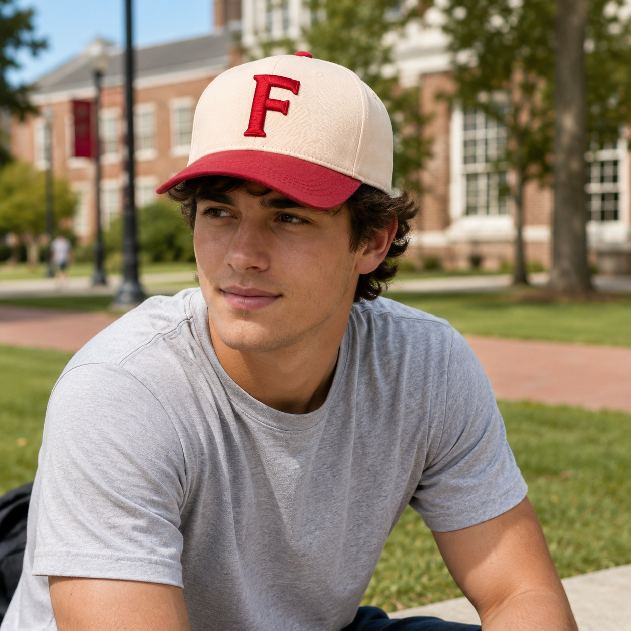 Cream and Red Two-Tone 5-Panel Cotton Twill Baseball Cap with 3D Embroidered Logo