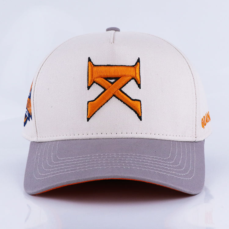 White and Gray Two Tone Cotton Baseball Cap with 3D Orange Embroidered Logo