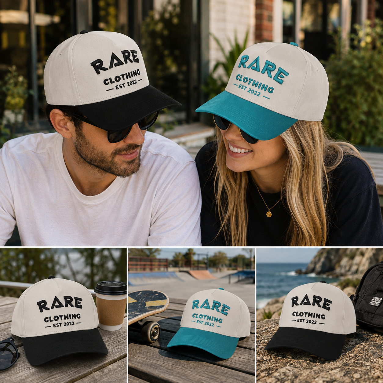 Ivory Two-Tone 5-Panel Baseball Cap with Raised Logo Embroidery