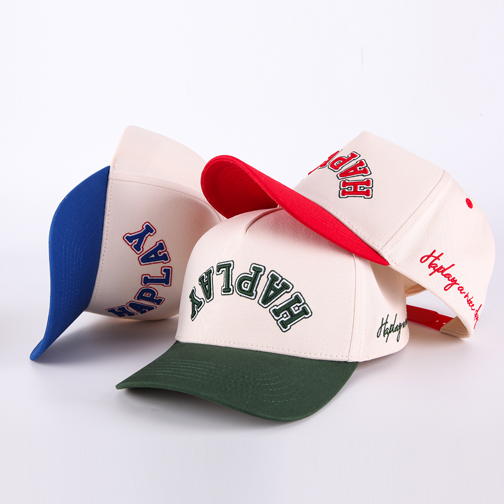 Two-Tone Embroidered HAPPY 5-Panel Cotton Baseball Cap