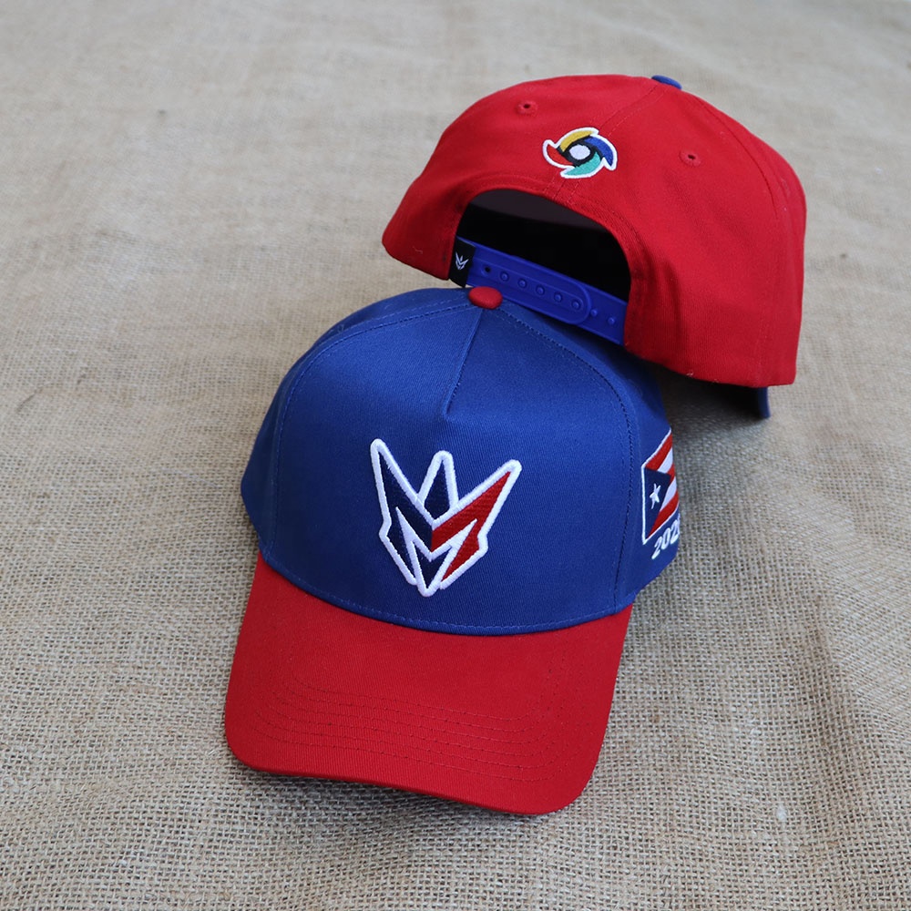Two-Tone Red and Blue 5-Panel Baseball Cap with Embroidered Front Logo