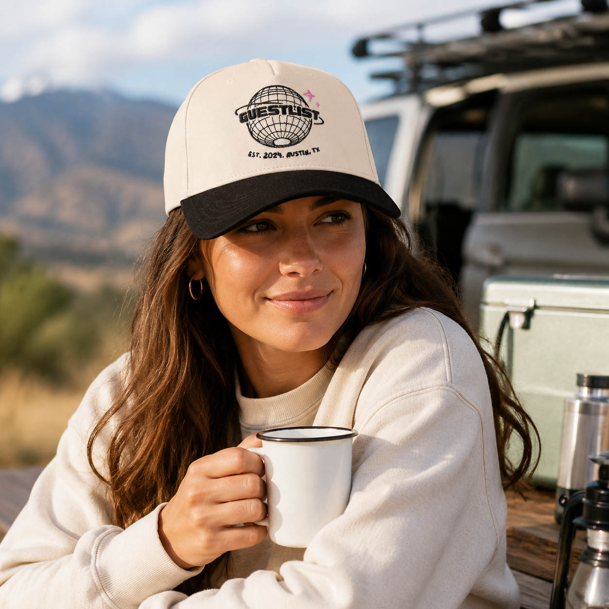 Cream & Black Globe Embroidered Baseball Cap
