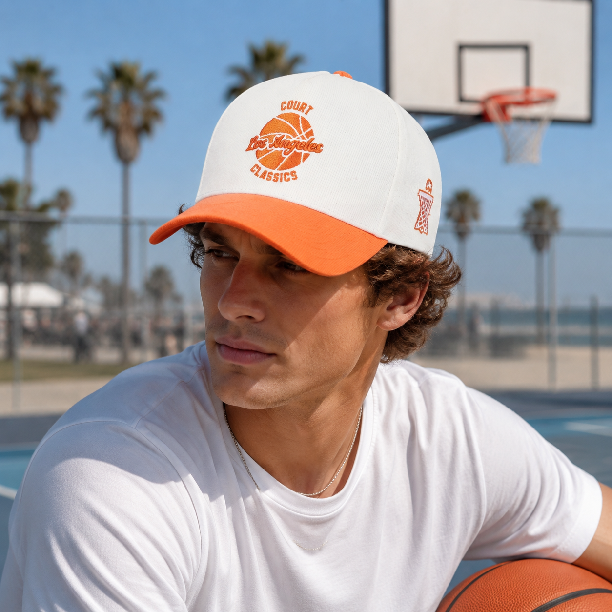 White and Orange Court Classics Basketball Embroidered Cap