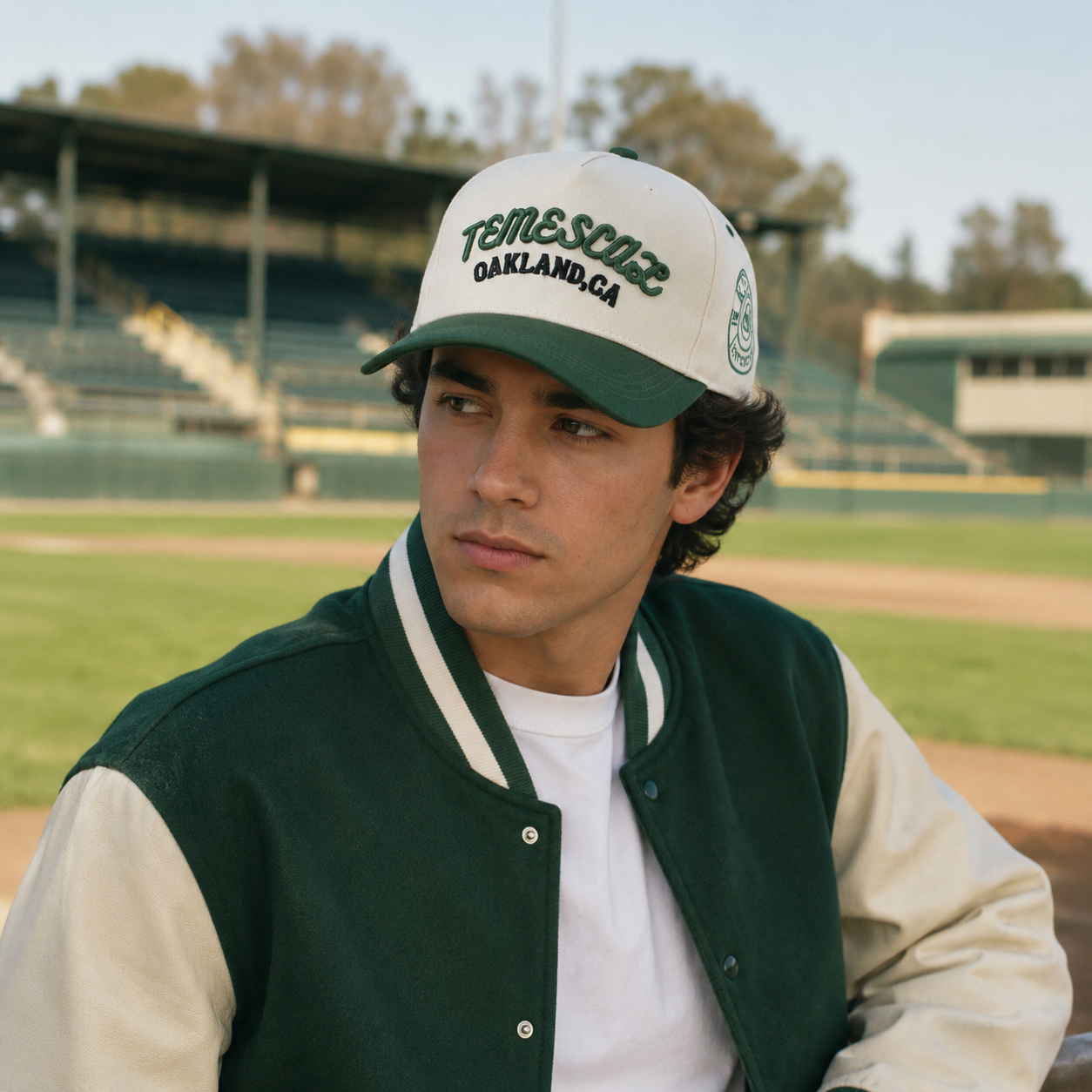 Cream and Forest Green Raised Embroidery Five-Panel Baseball Cap