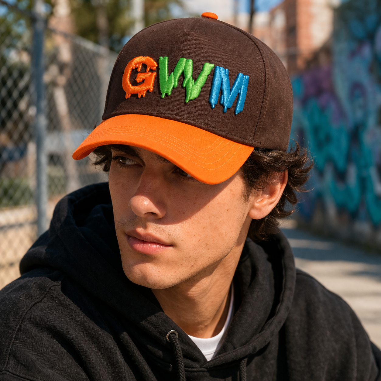 Two Tone Brown and Orange Baseball Cap with Colorful 3D GWM Letter Embroidery