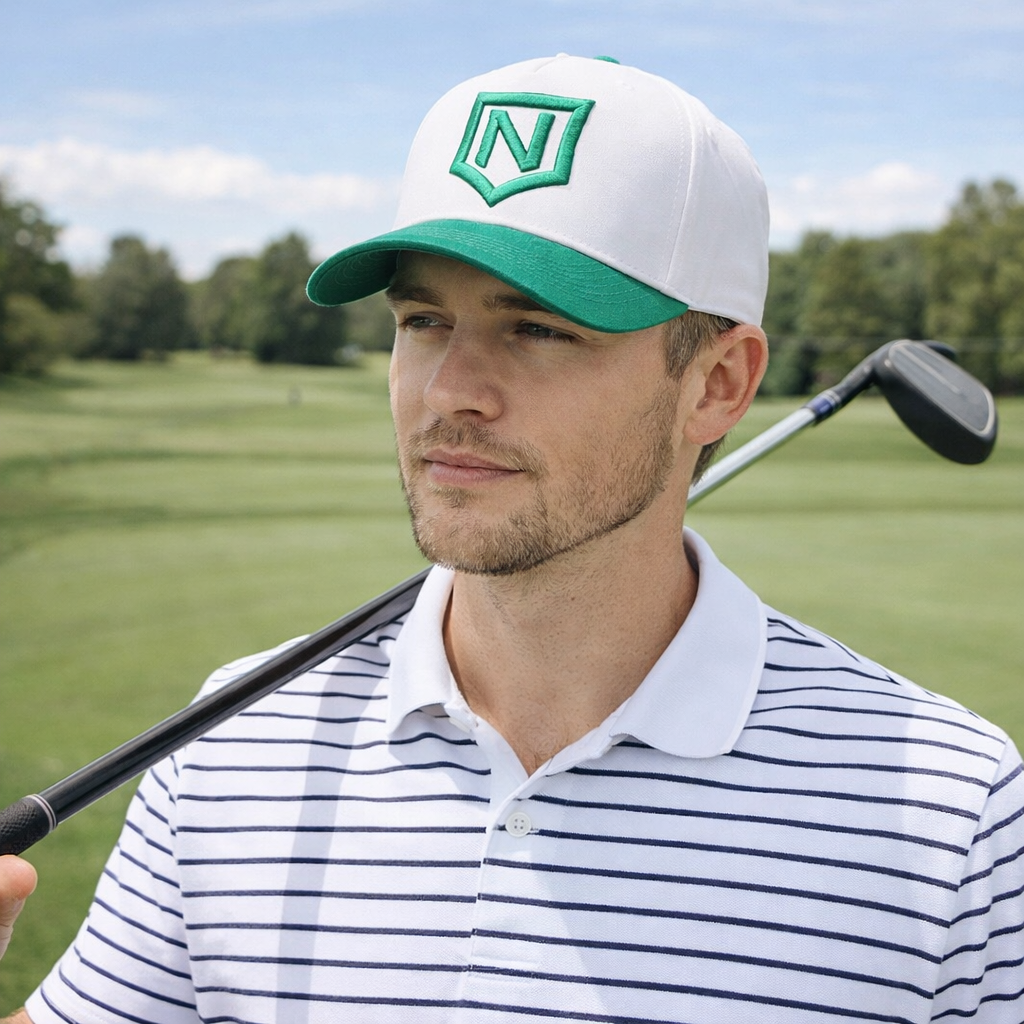 White and Green Shield Logo 5 Panel Baseball Cap Set