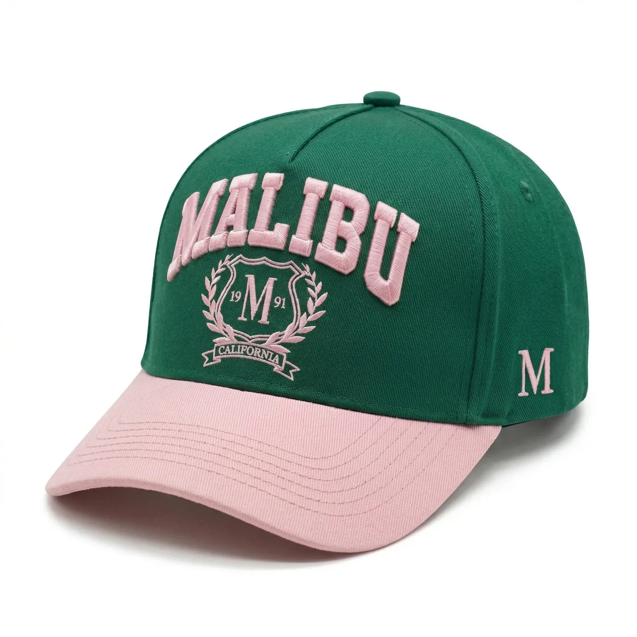 Emerald Green and Blush Pink Malibu 3D Embroidered Five-Panel Baseball Cap
