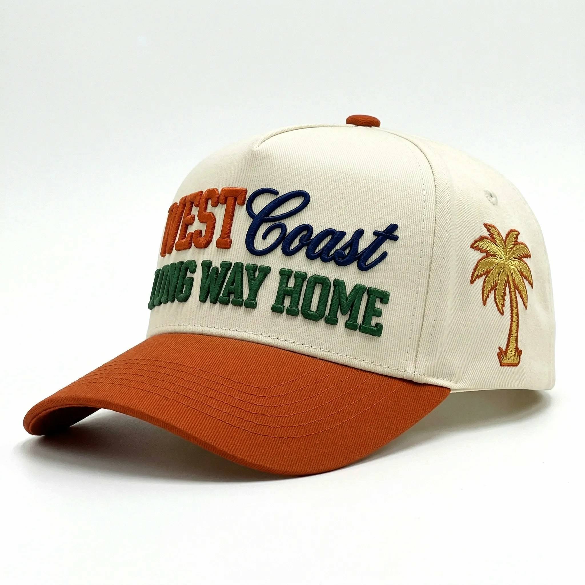 Cream and Rust Five-Panel Twill Cap with Multicolor Puff Slogan Embroidery