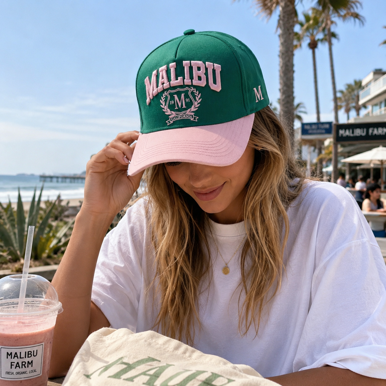 Emerald Green and Blush Pink Malibu 3D Embroidered Five-Panel Baseball Cap