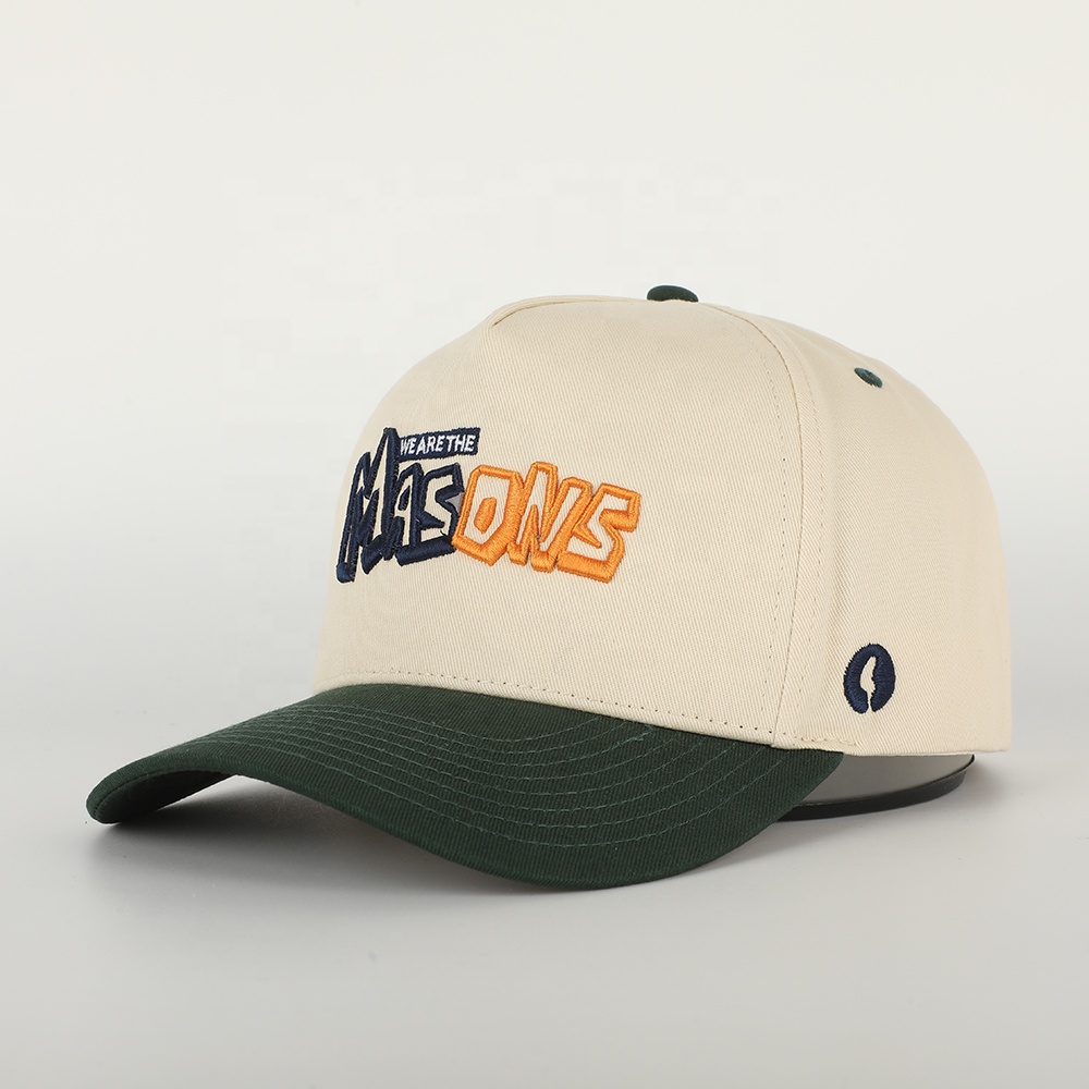Cream and Forest Green 5-Panel Baseball Cap with Raised Monsters Embroidery