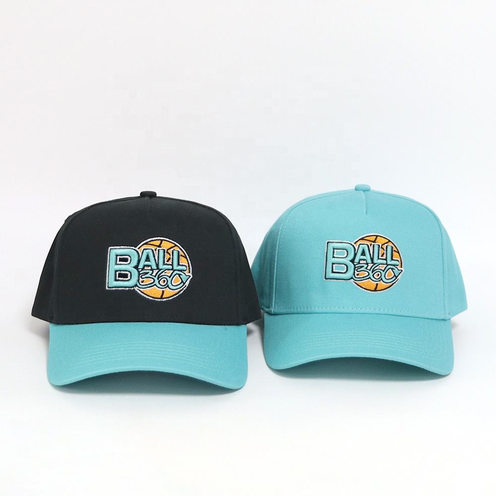 Black and Aqua Two-Tone 5-Panel Baseball Cap with Ball 360 Embroidered Logo