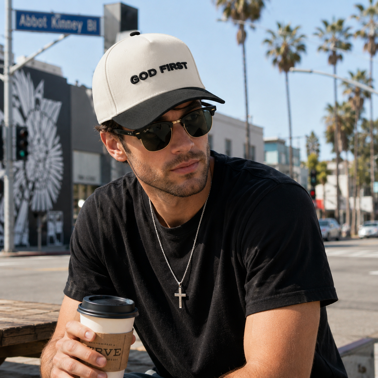Cream and Black Two-Tone Cap with Raised Slogan Embroidery