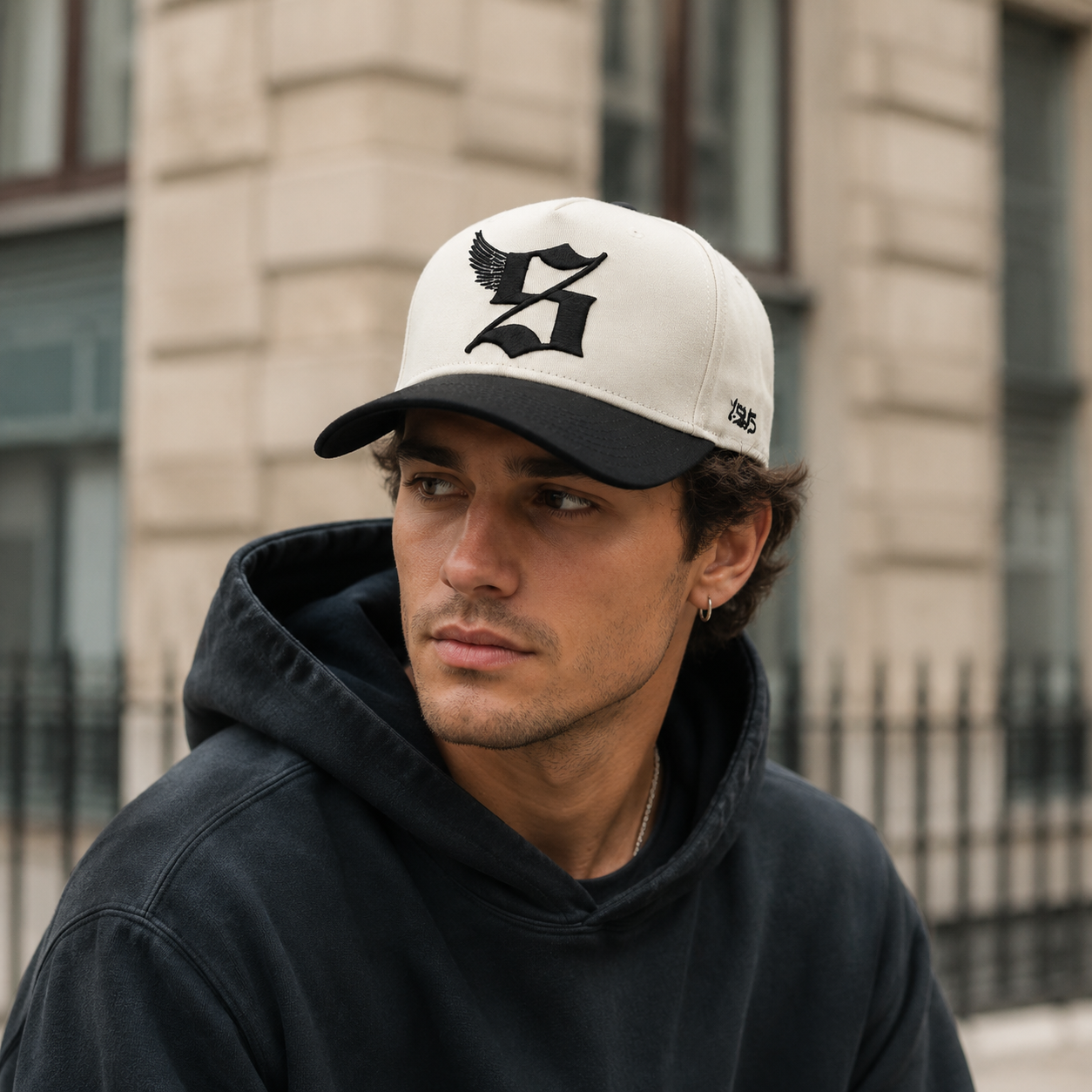 Cream and Black Two-Tone Embroidered Baseball Cap