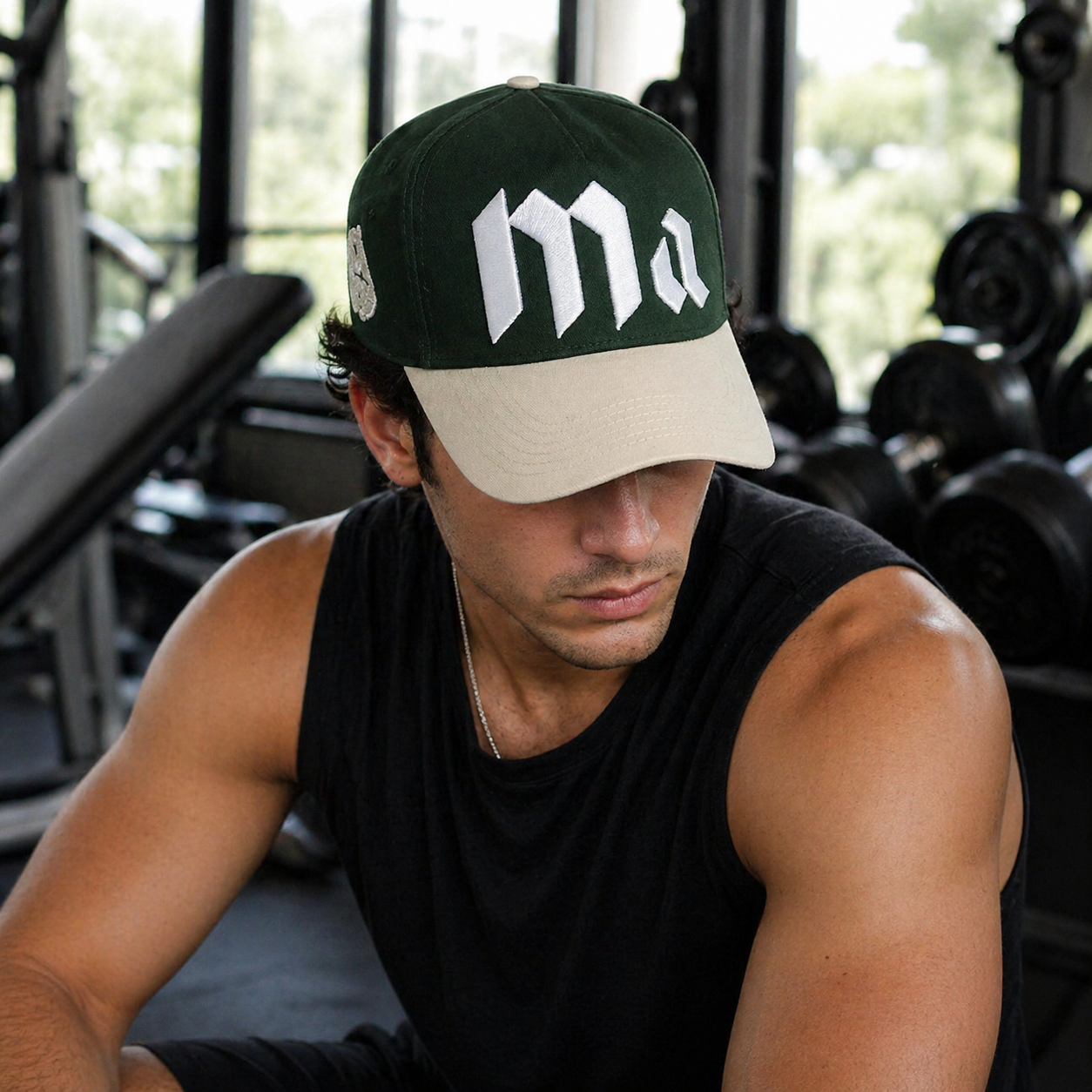 Green Beige Two Tone 3D Embroidered Gothic Letter Baseball Cap Cotton Twill Hat