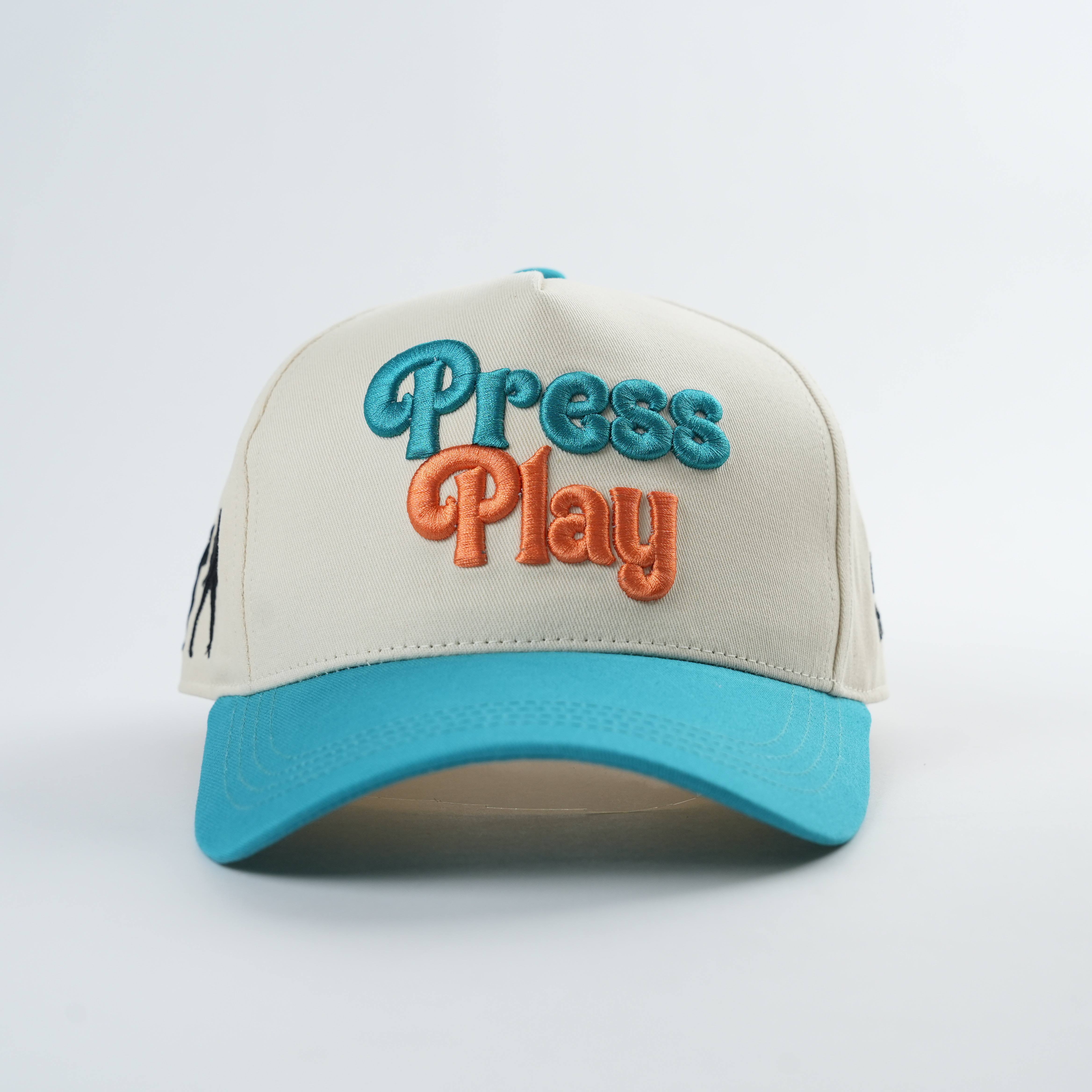 Beige and Turquoise Two-Tone 5-Panel Baseball Caps with Press Play Embroidery