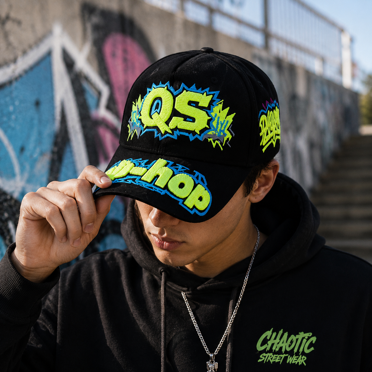 Black Graffiti Five-Panel Cap with Neon Puff Embroidery