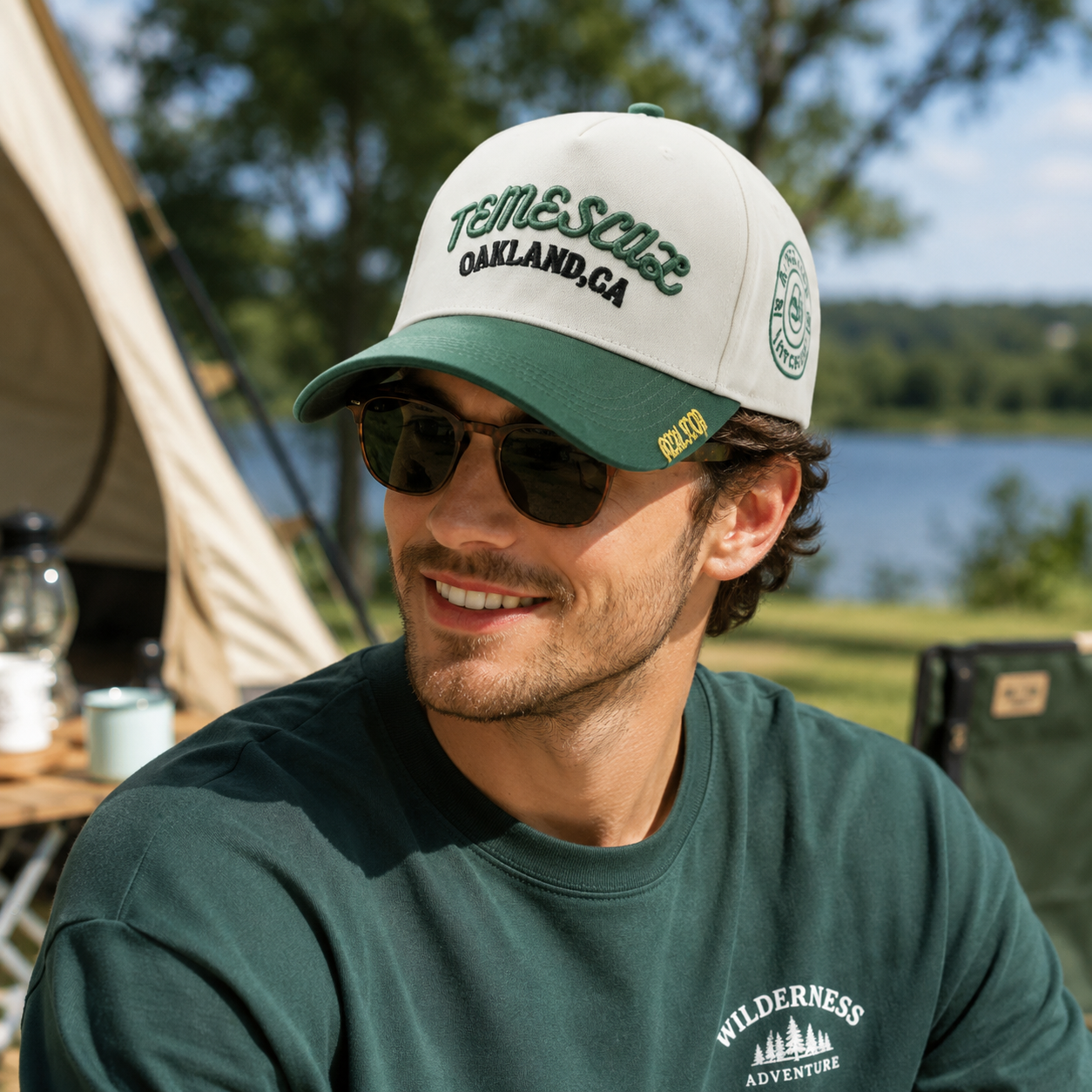 Cream and Forest Green Temescal Oakland 3D Embroidered Five-Panel Baseball Cap