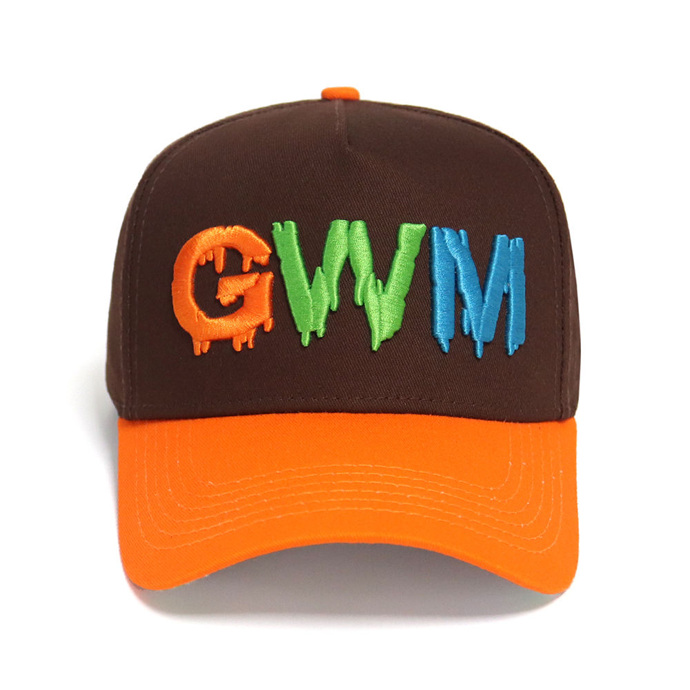 Two Tone Brown and Orange Baseball Cap with Colorful 3D GWM Letter Embroidery