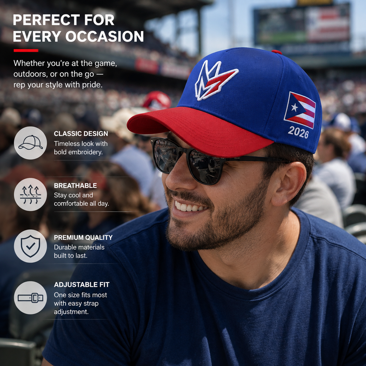 Two-Tone Red and Blue 5-Panel Baseball Cap with Embroidered Front Logo