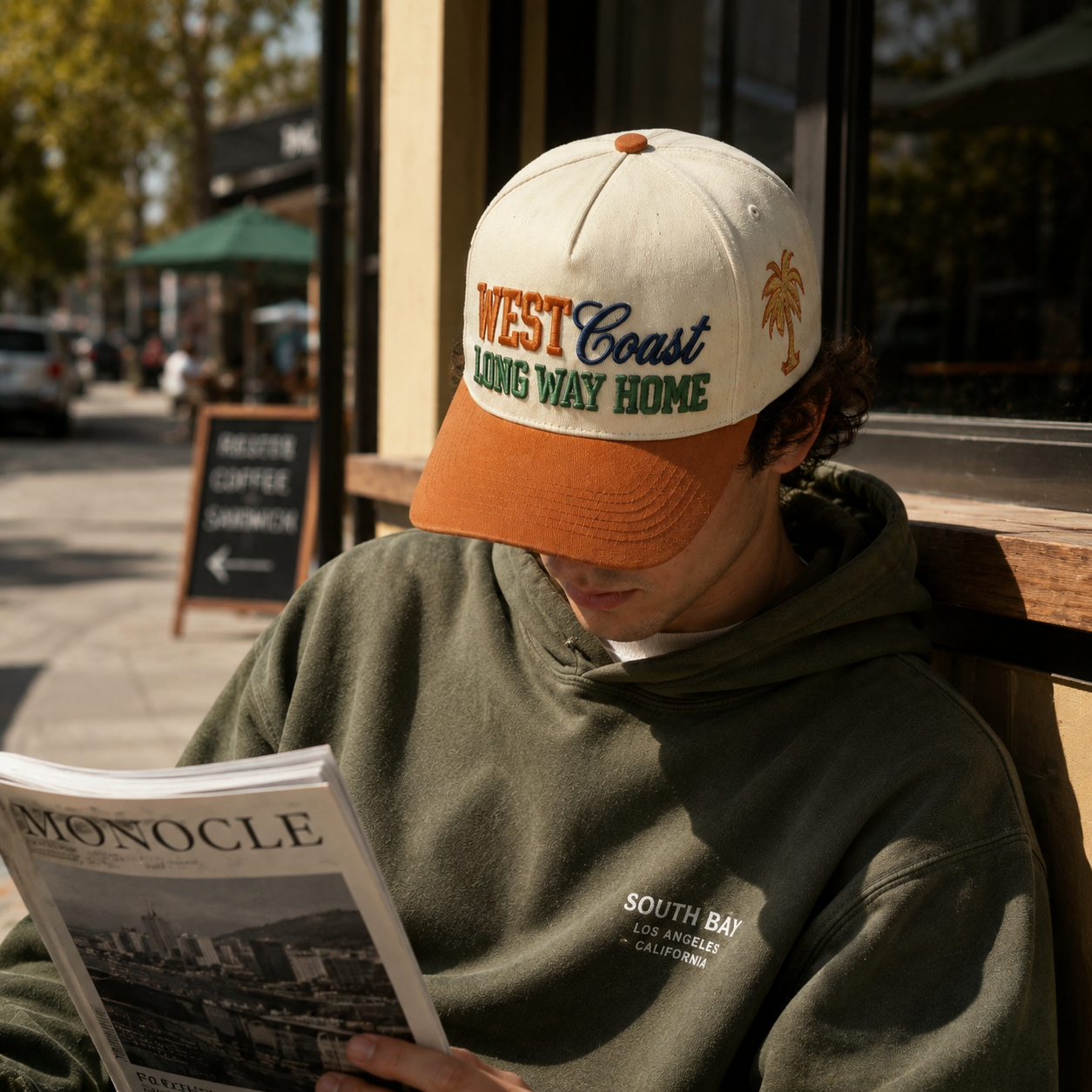 Cream and Rust Five-Panel Twill Cap with Multicolor Puff Slogan Embroidery