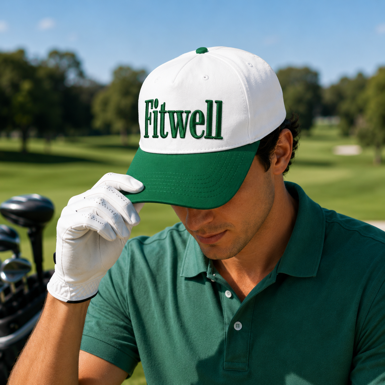White and Green Two-Tone Baseball Cap with Raised Letter Embroidery