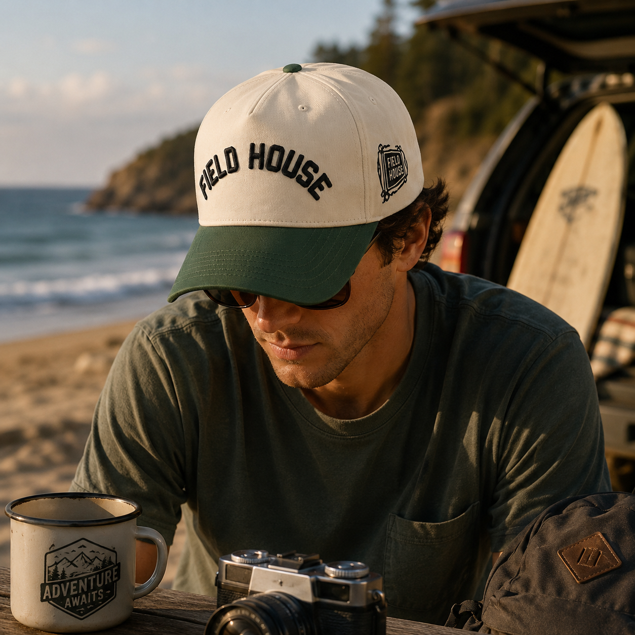 Cream Green FIELD HOUSE 3D Embroidered Curved Brim Baseball Cap