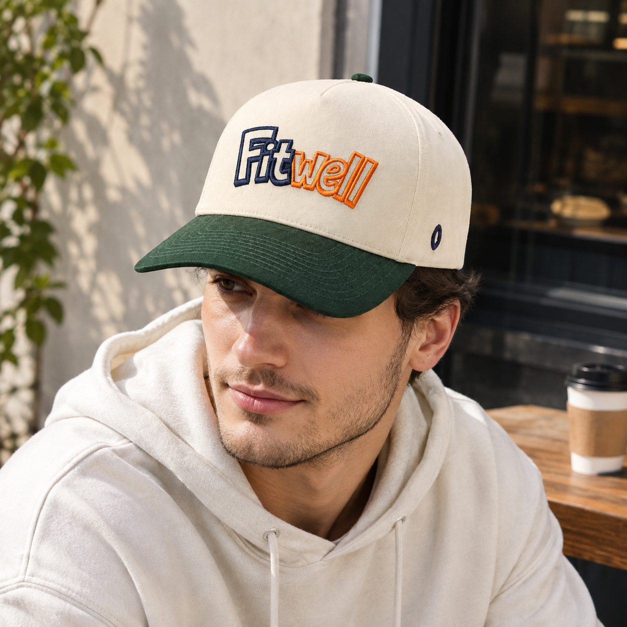 Cream and Forest Green 5-Panel Baseball Cap with Raised Monsters Embroidery